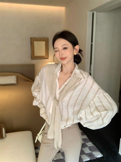 25Jul. 韓chic慵懶條紋襯衫 高腰喇叭褲