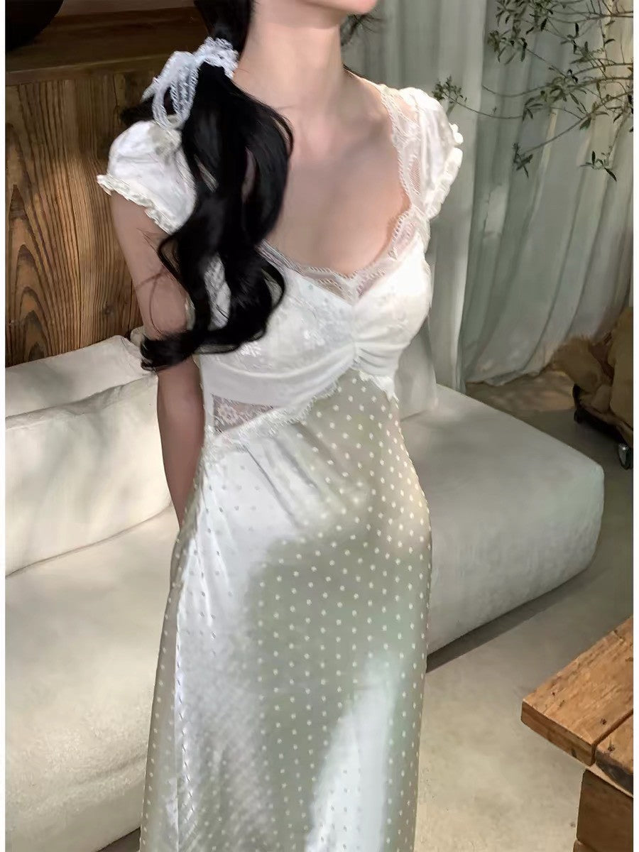 26Jul. 法式vibe蕾絲波點魚尾連身裙 杏
