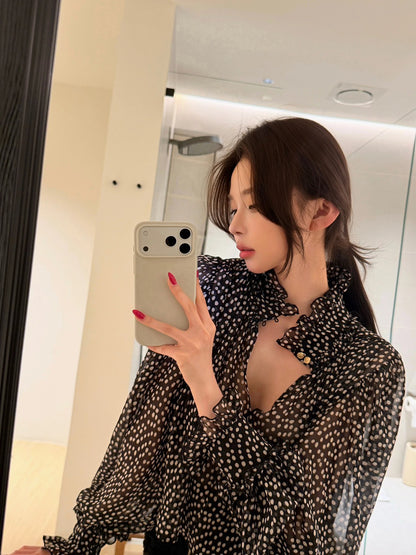 26May. 韓劇女主 復古基礎波點雪紡襯衫