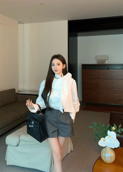 May. 復古法式大蝴蝶結綁帶+襯衫 高腰西裝短褲