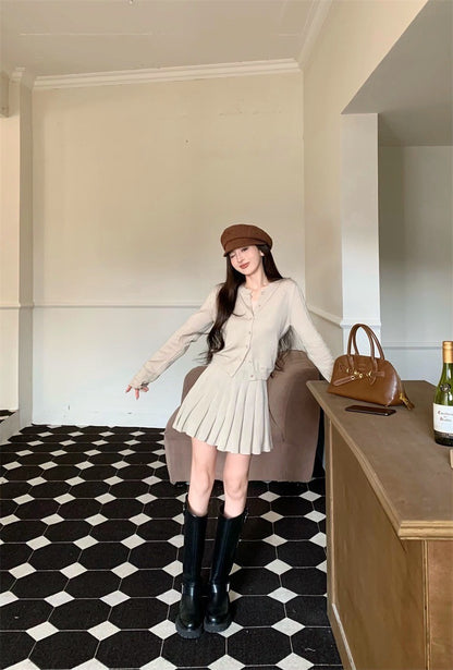 Mar. 韓系學院 雙槓圓領針織開衫 百褶半身裙 杏