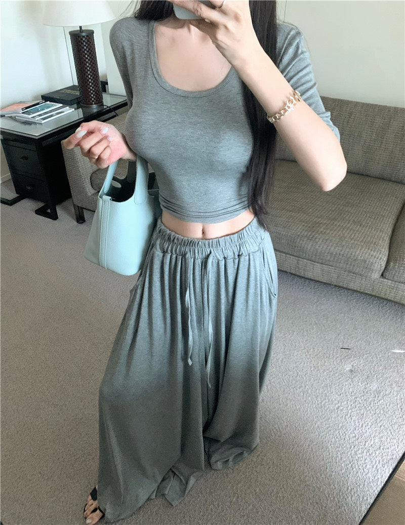 Jun. 溫柔小姊姊U領顯瘦鬆緊垂墜休閒褲套裝 灰