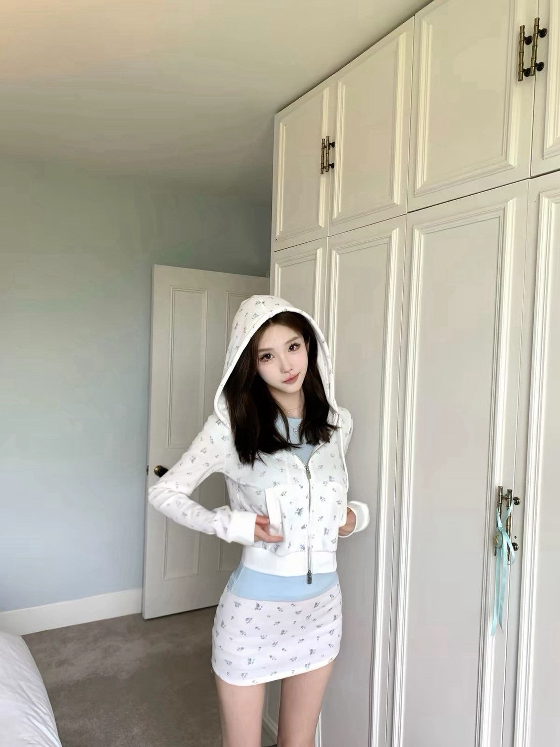 26Oct. 漫感韓女 可愛華夫格碎花連帽外套 粉碎花/藍碎花