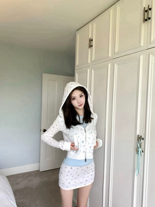 26Oct. 漫感韓女 可愛華夫格碎花連帽外套 粉碎花/藍碎花