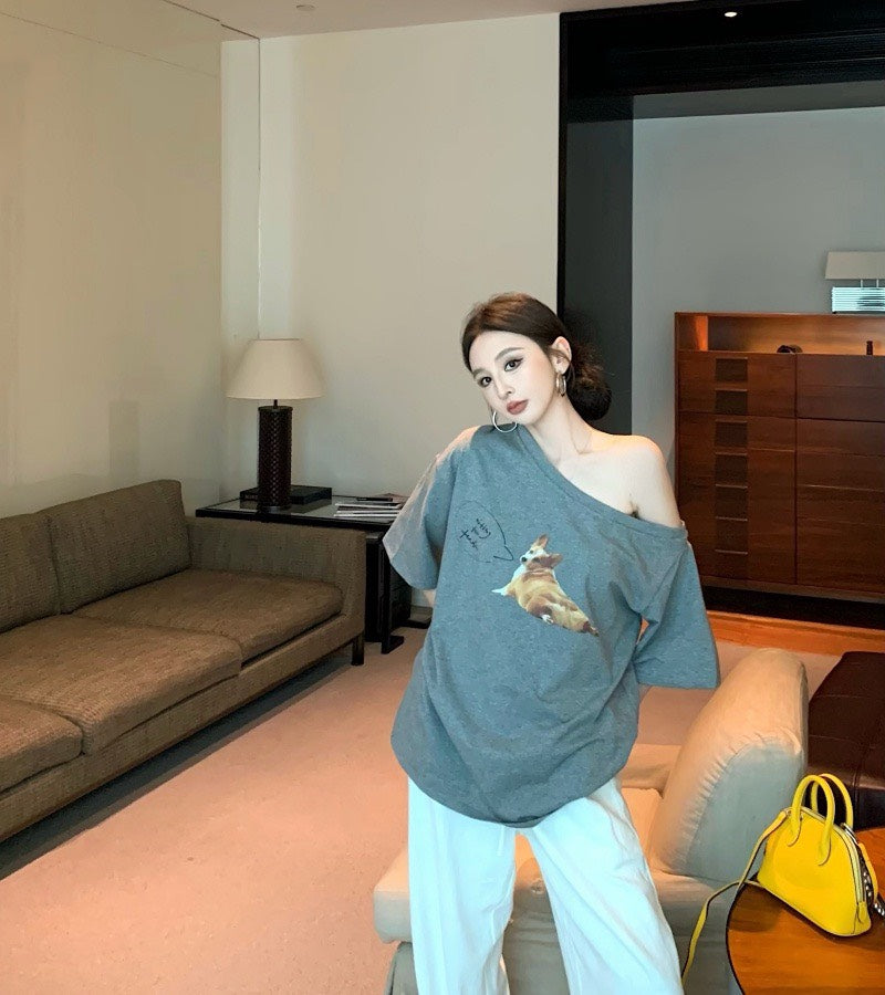 Jun. 哈嚕柯基修勾慵懶斜肩寬鬆上衣 灰