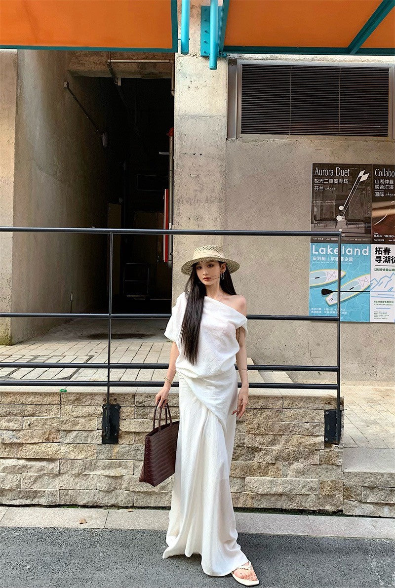 25Aug. 設計師款高雅斜肩上衣不規則剪裁裙套裝