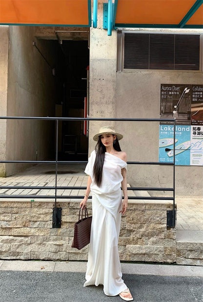 25Aug. 設計師款高雅斜肩上衣不規則剪裁裙套裝