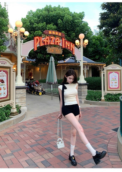 25Sep. 高雅黑白撞色飄帶針織上衣 白