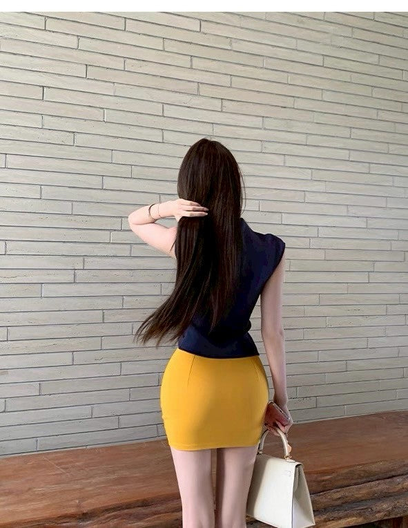 May. 黃金比例 春夏招財黃顯瘦半身裙 氣質半高領上衣