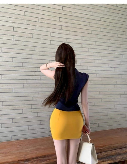 May. 黃金比例 春夏招財黃顯瘦半身裙 氣質半高領上衣
