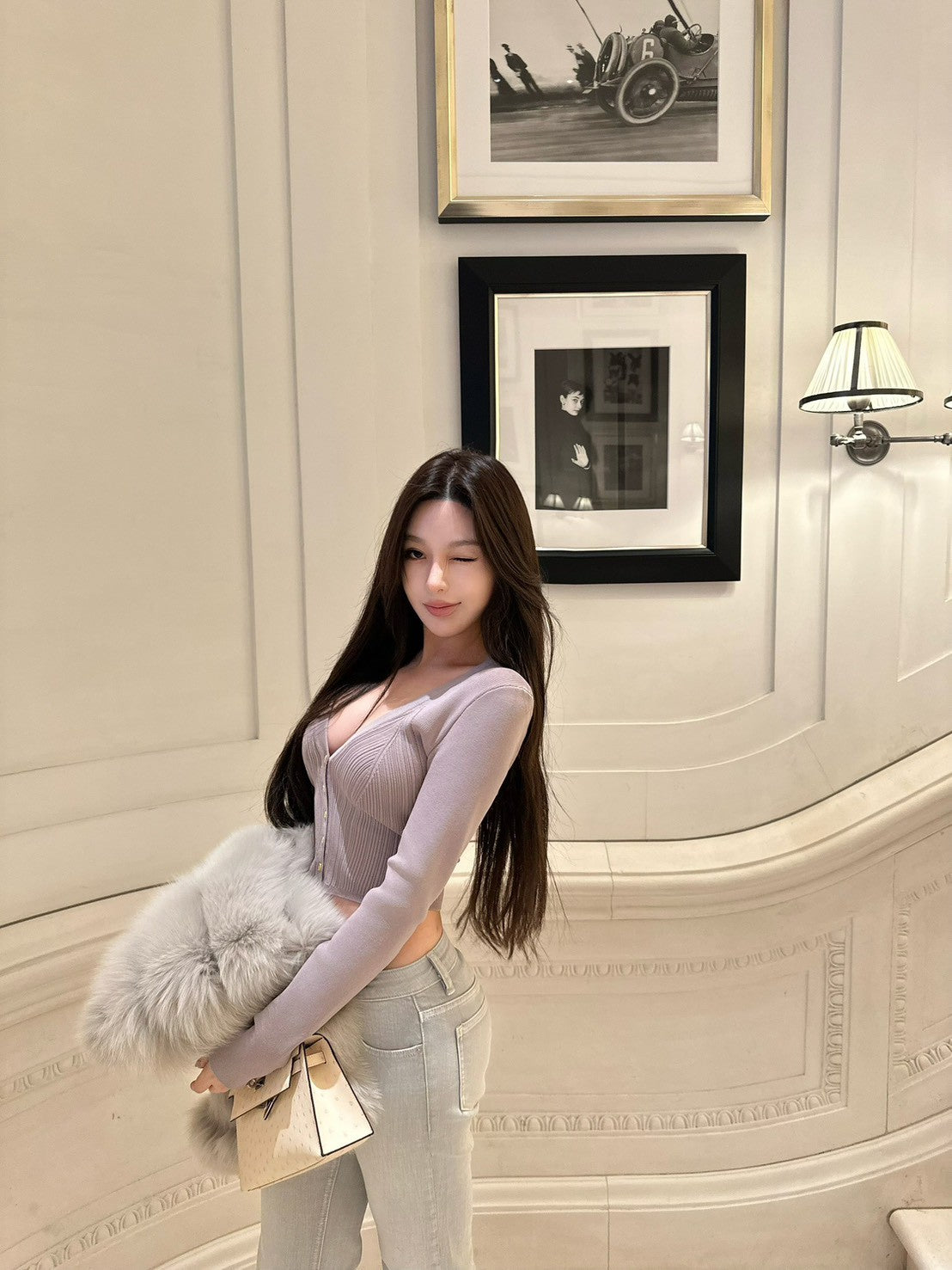 26Jan. 灰藍特殊定染修身高腰喇叭褲