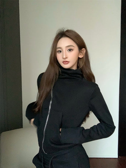 25Jul. 美式休閒 不規則拉鍊立領外套 黑色休閒褲