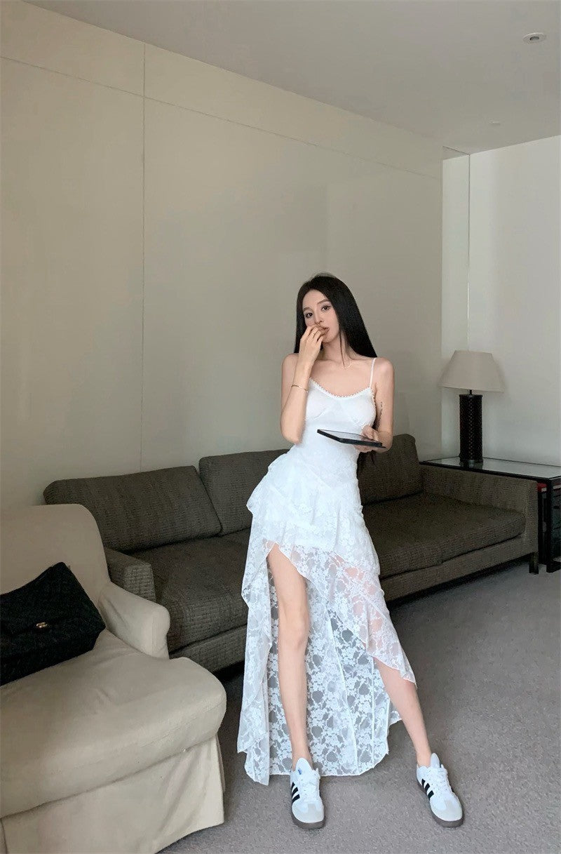Mar. 與愛共舞 芭蕾蕾絲不規則蕾絲裙擺連身裙 白