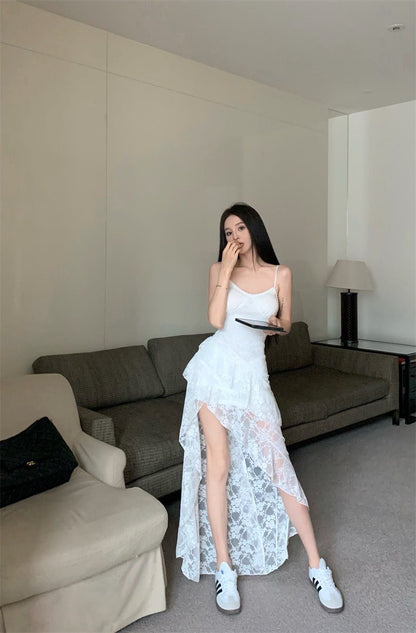 Mar. 與愛共舞 芭蕾蕾絲不規則蕾絲裙擺連身裙 白