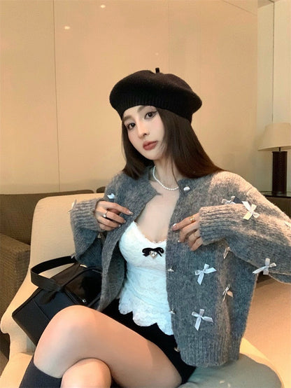 Feb. 萬年不敗 手工縫製蝴蝶結排扣圓領外套 黑/灰