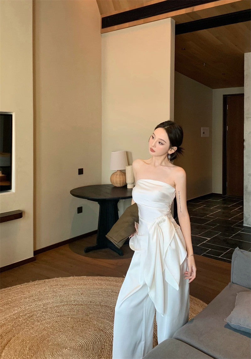 May. 米蘭假期 優雅可拆絲帶抹胸 休閒闊腿褲 白