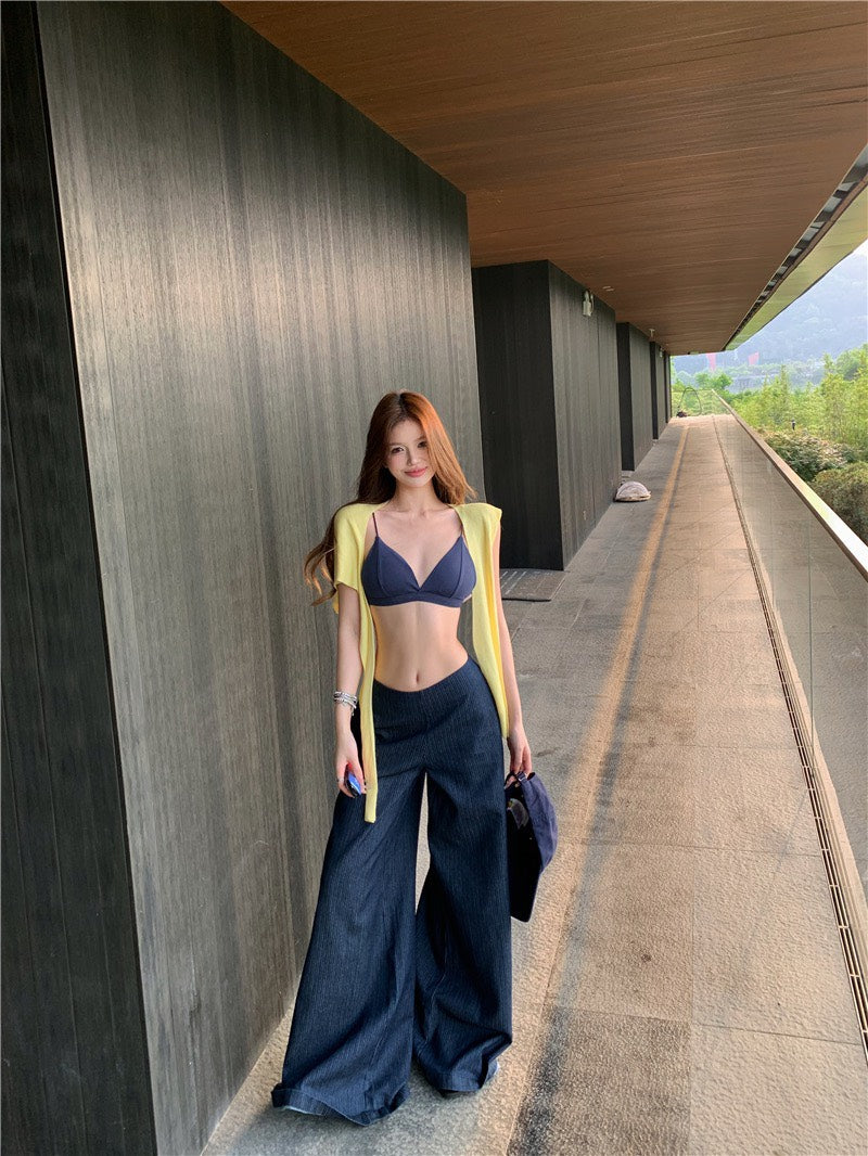 Jun. 清爽度假 辣妹肌理紋比基尼 高腰休閒褲 深藍色
