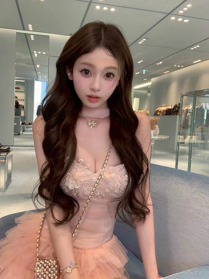 Jun. 玫瑰廢墟 氣質優雅手工花網紗蛋糕裙套裝 粉/白