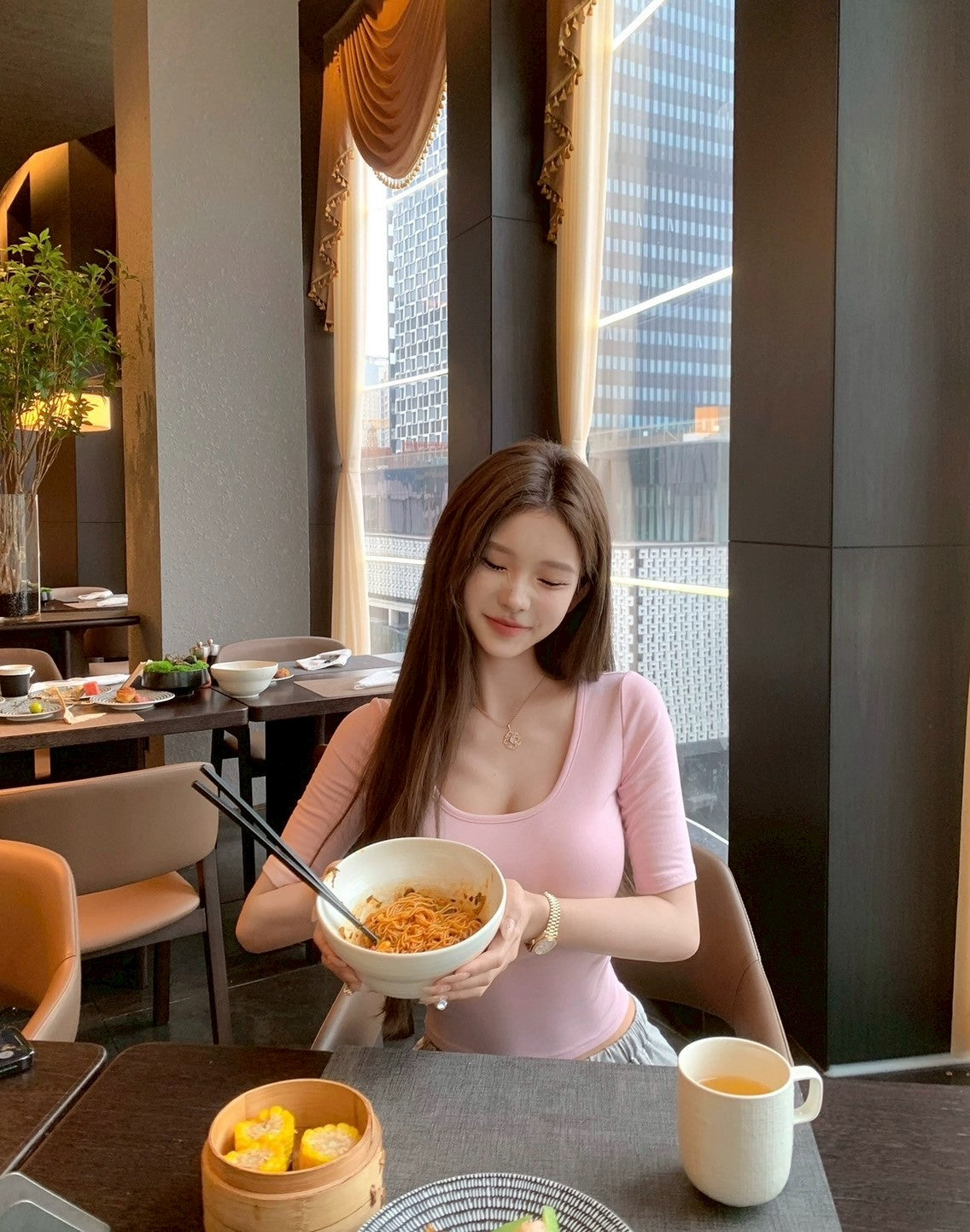 25Aug. 嫩模休閒芭蕾5分袖純色上衣 粉/黃