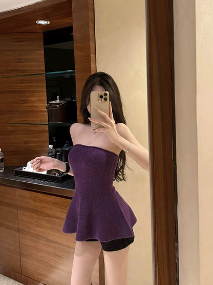 25Nov. 曲線奧斯氣質針織花瓣抹胸 紫