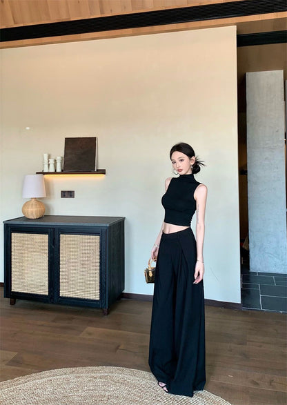 May. 個性簡約半高領純色背心 新款西裝休閒長褲 黑