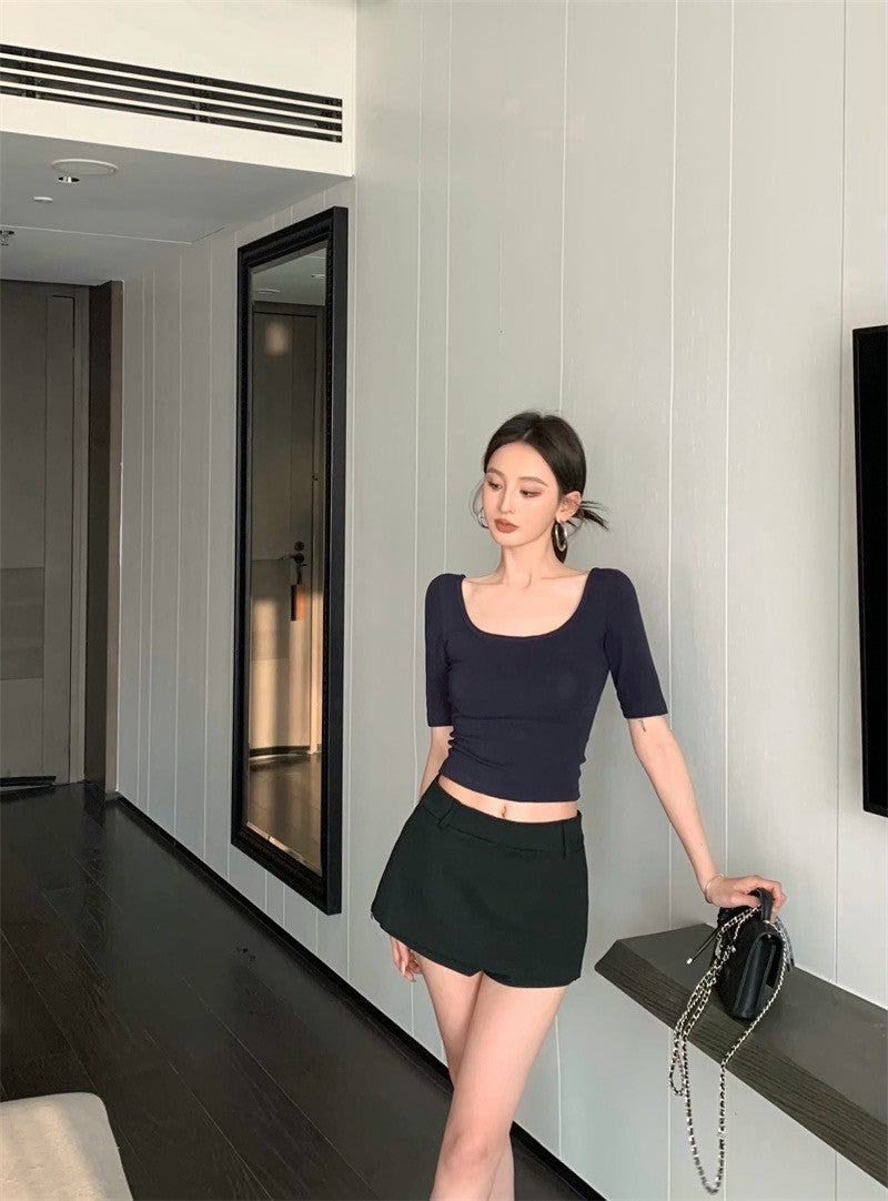 Jun. 日美氣質 修身大U領中袖上衣 藏藍 低腰側拉鍊褲裙 黑色褲裙