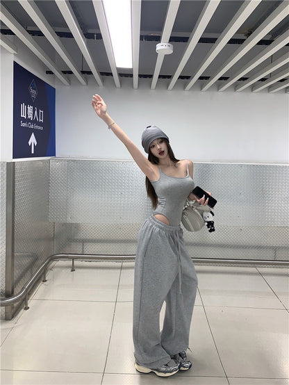 Jun. 歐美辣妹top高腰連體背心 鬆緊休閒褲 灰