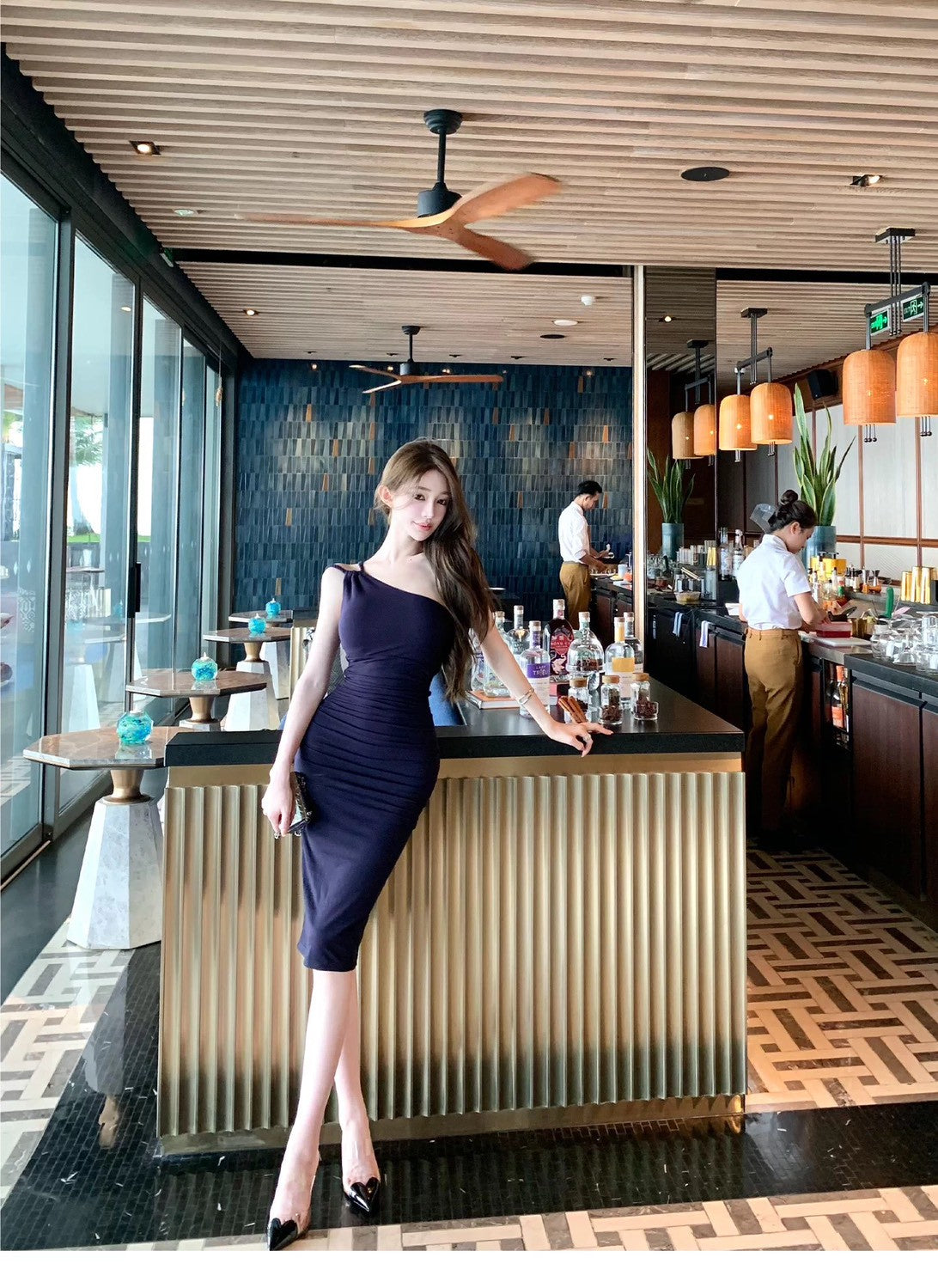 26Jul. 歐美性感側腰斜肩彈力連身裙 藏藍