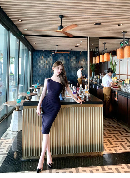 26Jul. 歐美性感側腰斜肩彈力連身裙 藏藍