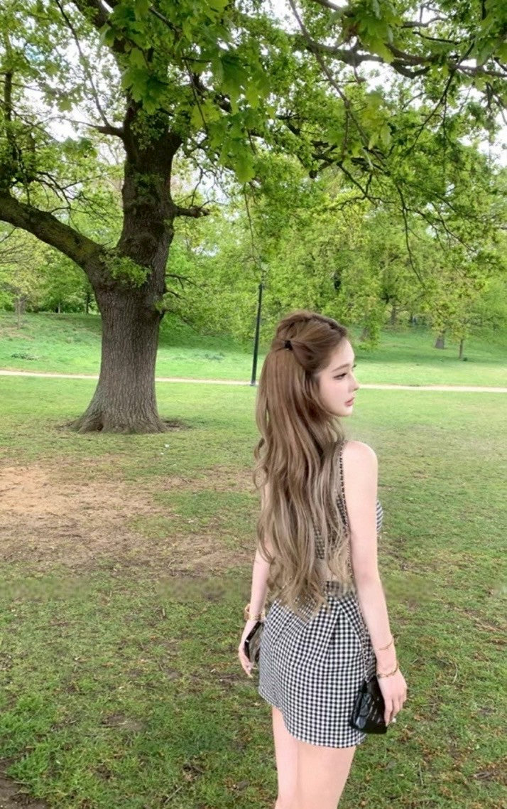 Jun. 復古畫報 格紋方領蕾絲收腰小洋裝