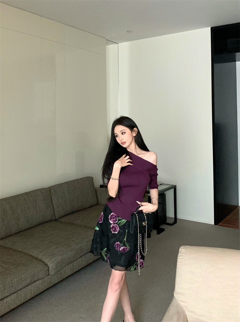 Jun. 半熟女伶 斜領修身針織上衣 紫 復古花網紗半身裙 紫