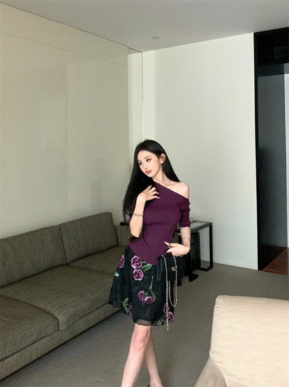 Jun. 半熟女伶 斜領修身針織上衣 紫 復古花網紗半身裙 紫