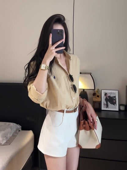 25Oct. 日常ballet 優秀版型棉麻刺繡老錢襯衫 卡其色/修身短褲 白色