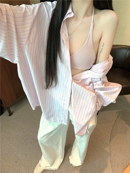 Jun. 粉嫩淡顏 寬鬆通勤條紋襯衫 100萦麻休閒褲
