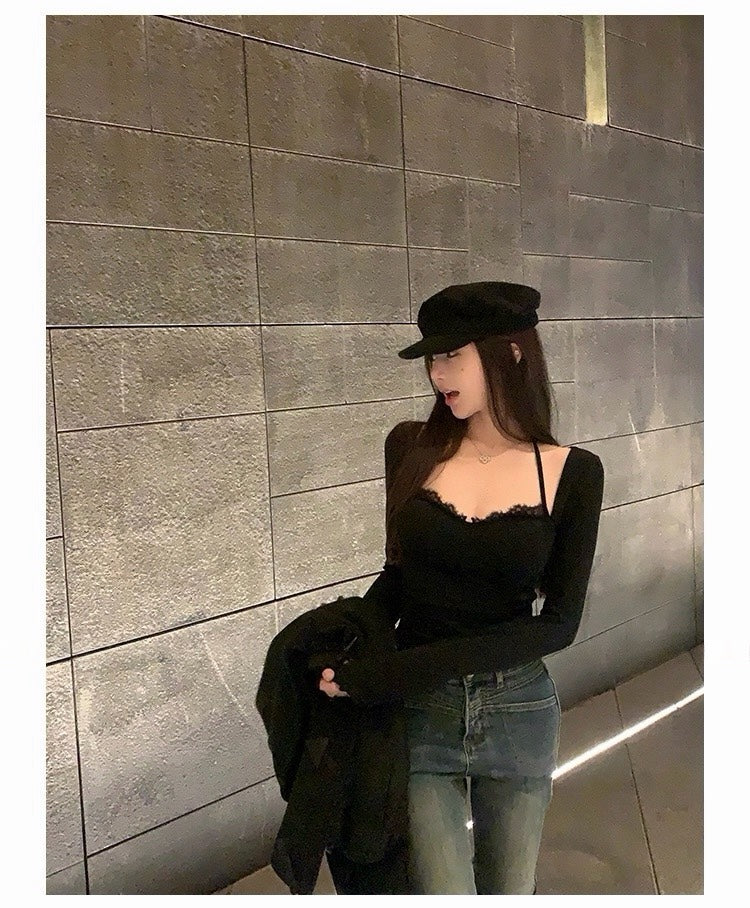 25Nov. 私有浪漫純慾假兩件綁帶掛脖上衣 黑/奶茶色