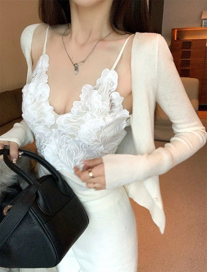 25Jul. 法式氣質花瓣背心開衫兩件套