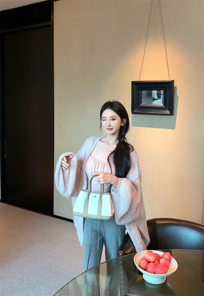 25Dec. 人無骨2.0慵懶穿粗針寬鬆外套 抽繩空氣棉休閒褲 灰粉系列