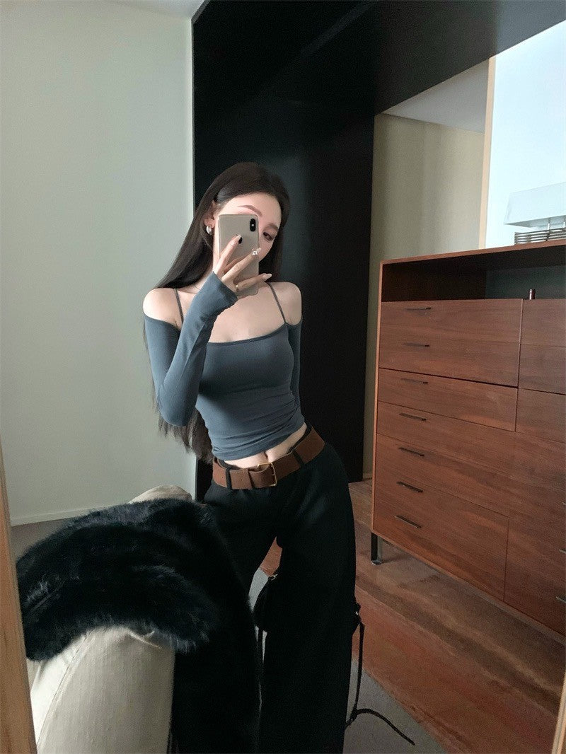 Jan. 歐美女無法抗拒 溫柔露肩彈力上衣 灰