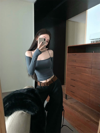 Jan. 歐美女無法抗拒 溫柔露肩彈力上衣 灰