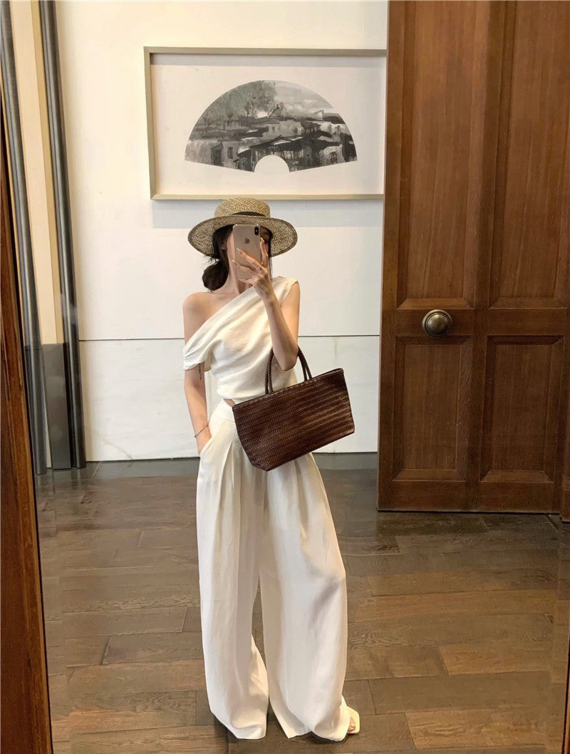 25Jul. 渡假老錢 新款清甜系斜肩褶皺上衣長褲套裝