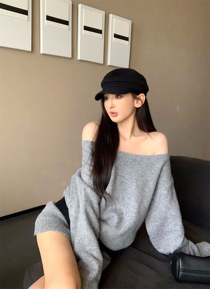 26Jan. 溫柔復古一字領連身針織裙套裝 灰/杏