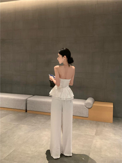 Jun. 茉莉花道韓系高雅抹胸上衣 棉麻休閒褲 白色