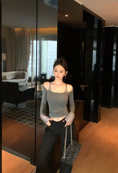 25Nov. 璀璨奪目假兩件式亮片拼接上衣 灰