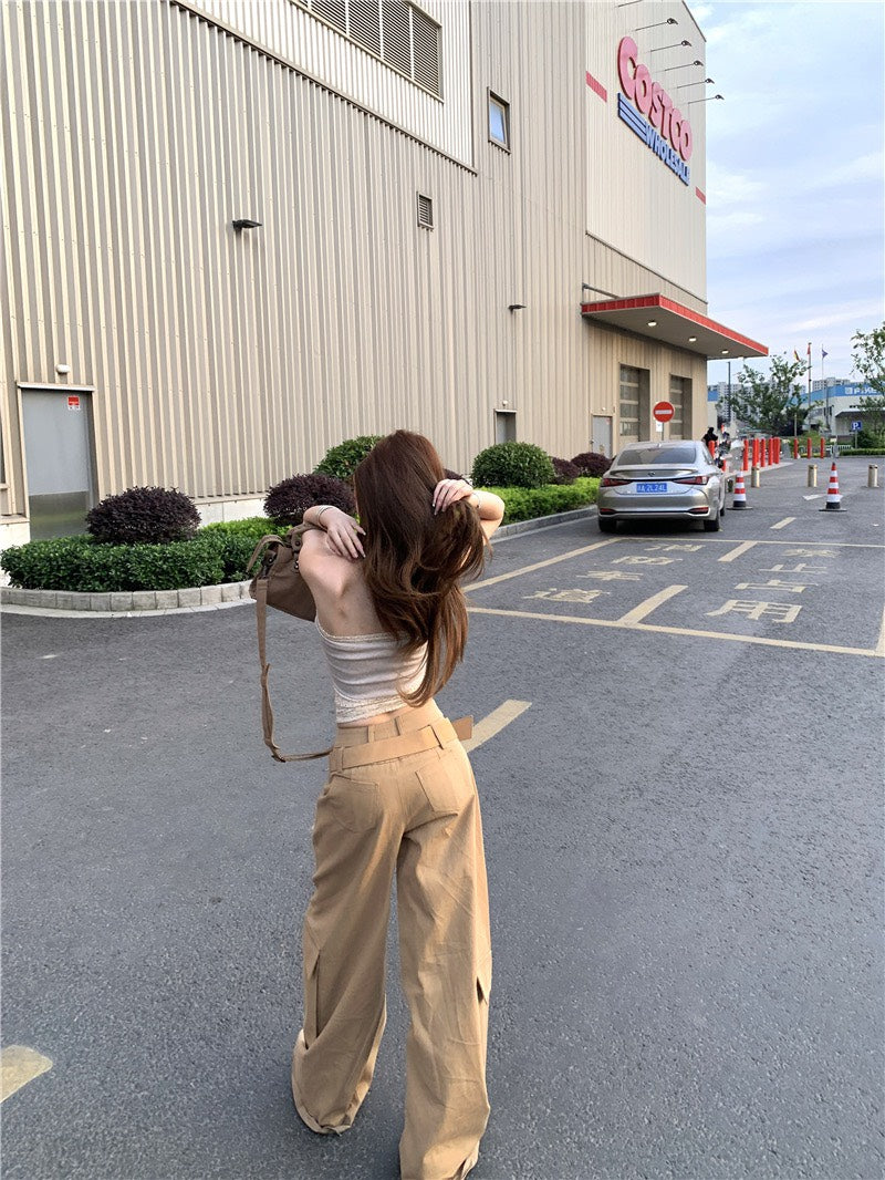 Jun. 痞甜陷阱真兩件式疊穿蕾絲抹胸 卡其工裝休閒褲