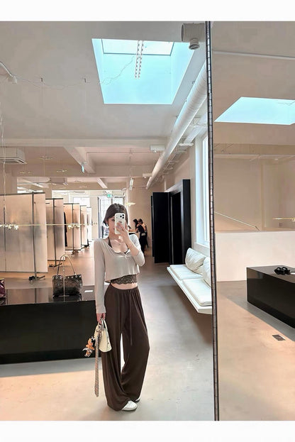 26Oct. 嬌女鬆弛蕾絲T恤上衣兩件套/純色休閒褲 咖色系