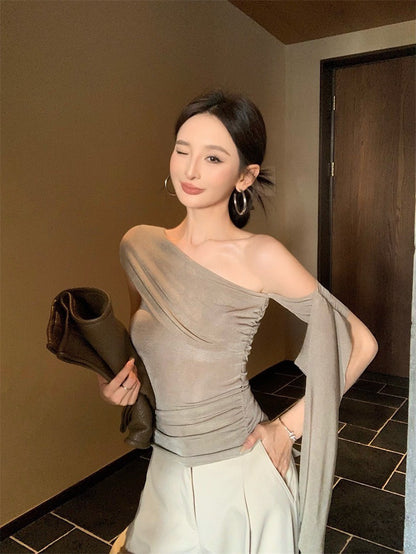 Jun. 姐系高智 單肩飄帶彈力上衣 時髦簡約休閒褲 杏