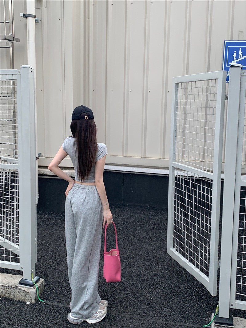 May. 清爽公式 簡約慵懶美式緊身上衣 鬆緊抽繩棉褲 灰