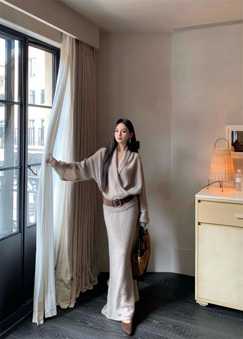 25Nov. 韓系溫柔多穿開襟袍針織半身裙套裝 杏/灰