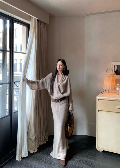 25Nov. 韓系溫柔多穿開襟袍針織半身裙套裝 杏/灰