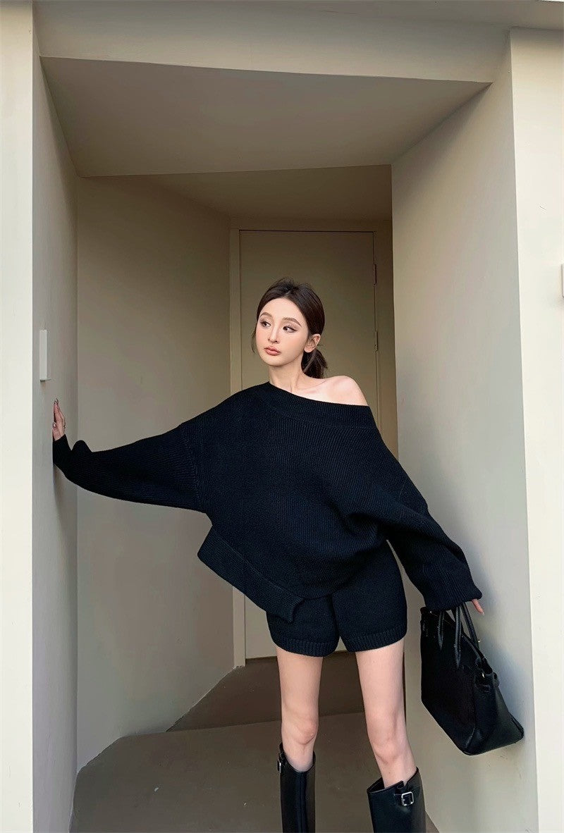 Apr. 美式慵懶 松露黑針織不規則上衣 短褲